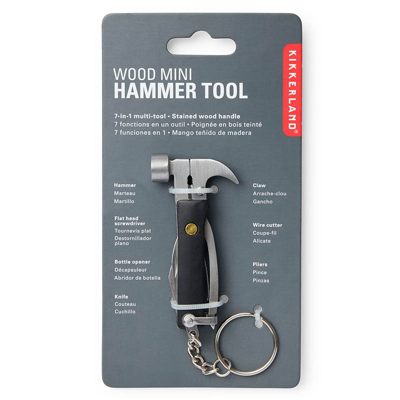 wood mini hammer tool keychain keyring in packaging